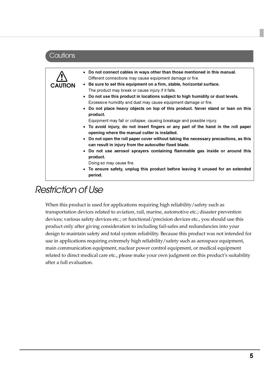 Epson T70 specifications Restriction of Use 