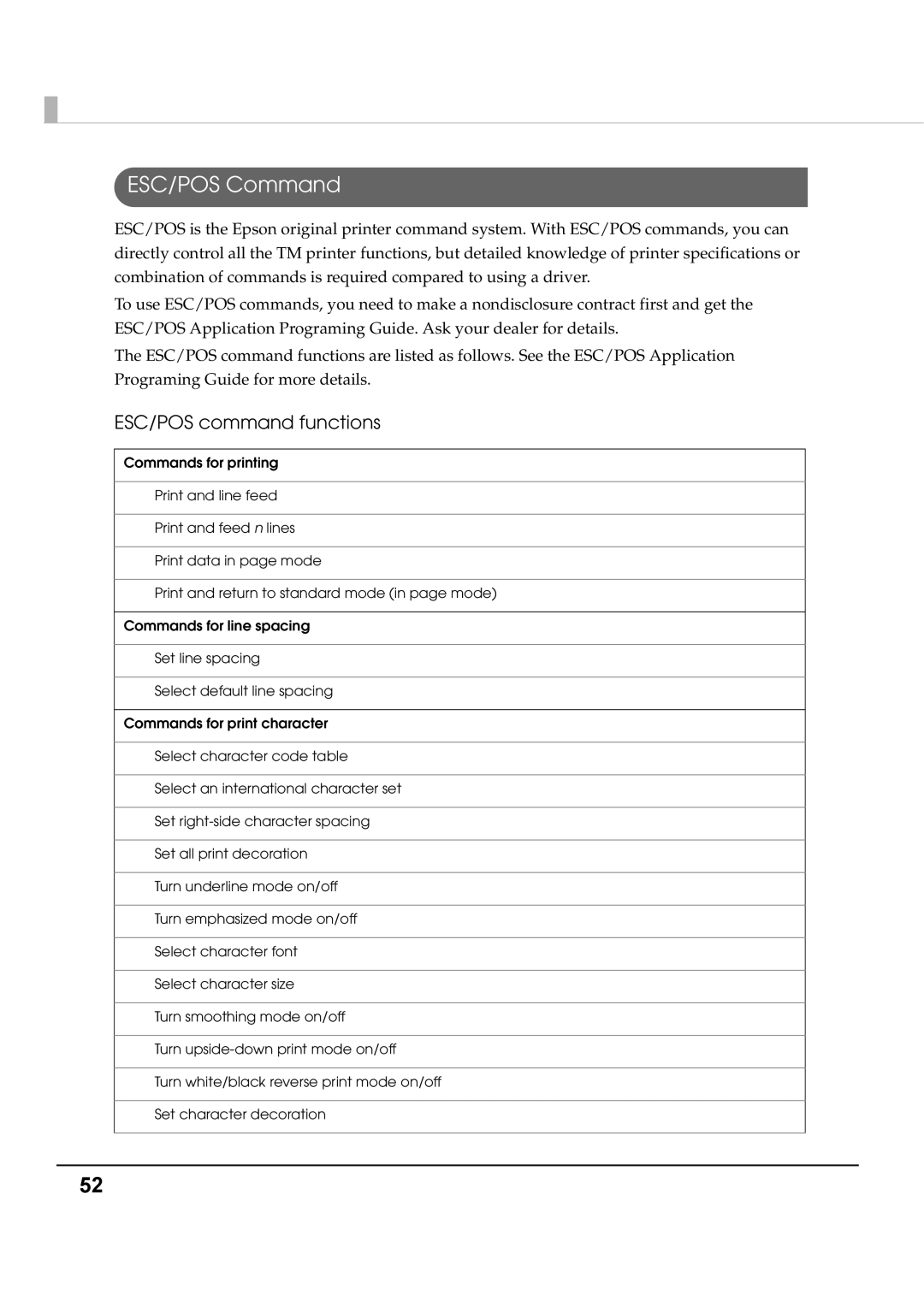 Epson T70 specifications ESC/POS Command, ESC/POS command functions 