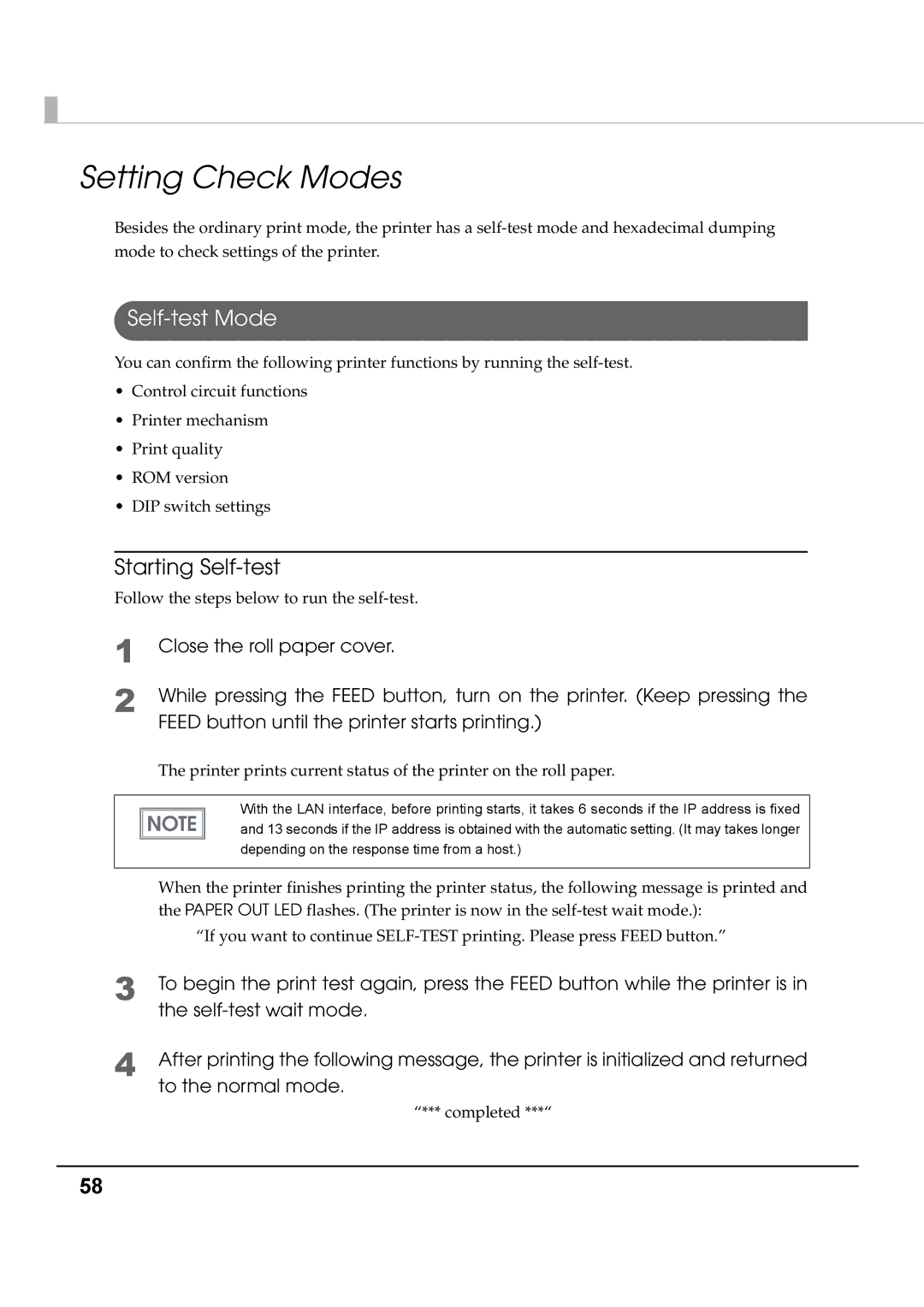 Epson T70 Setting Check Modes, Self-test Mode, Starting Self-test, Feed button until the printer starts printing 