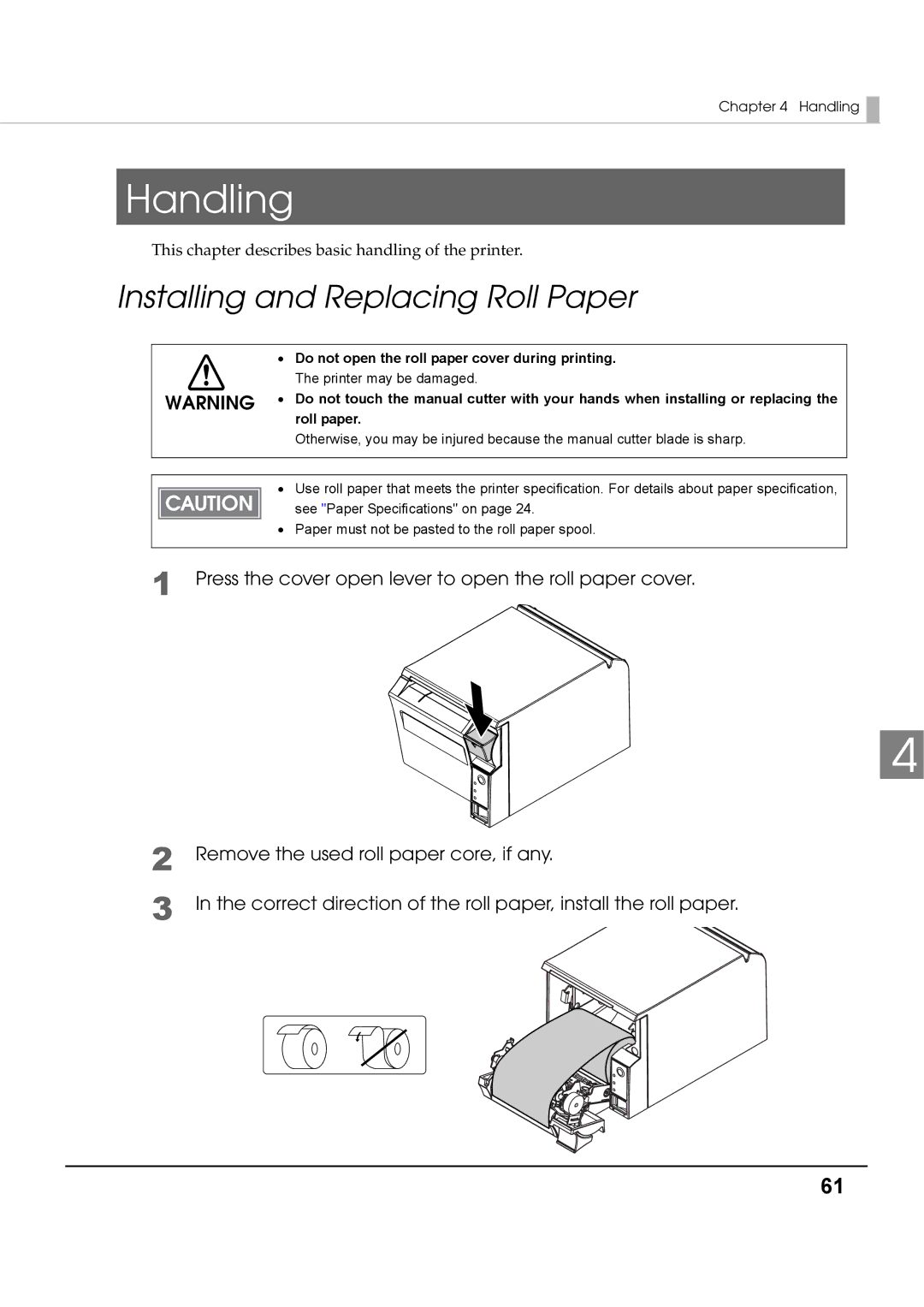 Epson T70 specifications Handling, Installing and Replacing Roll Paper 