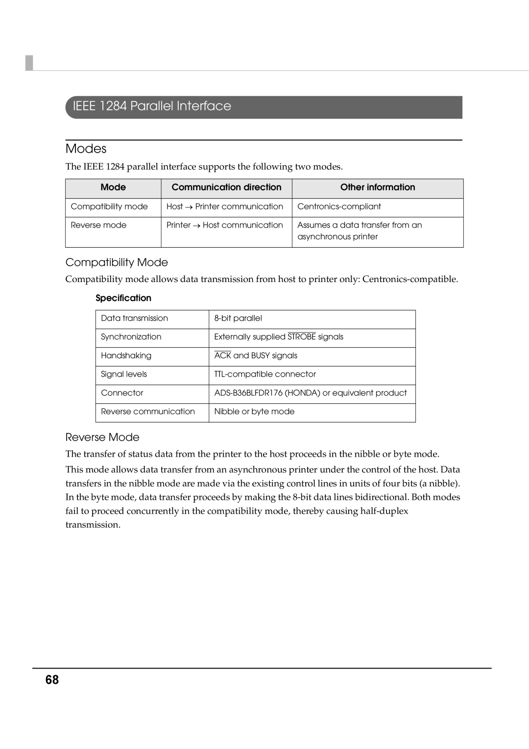 Epson T70 specifications Ieee 1284 Parallel Interface, Modes, Compatibility Mode, Reverse Mode 