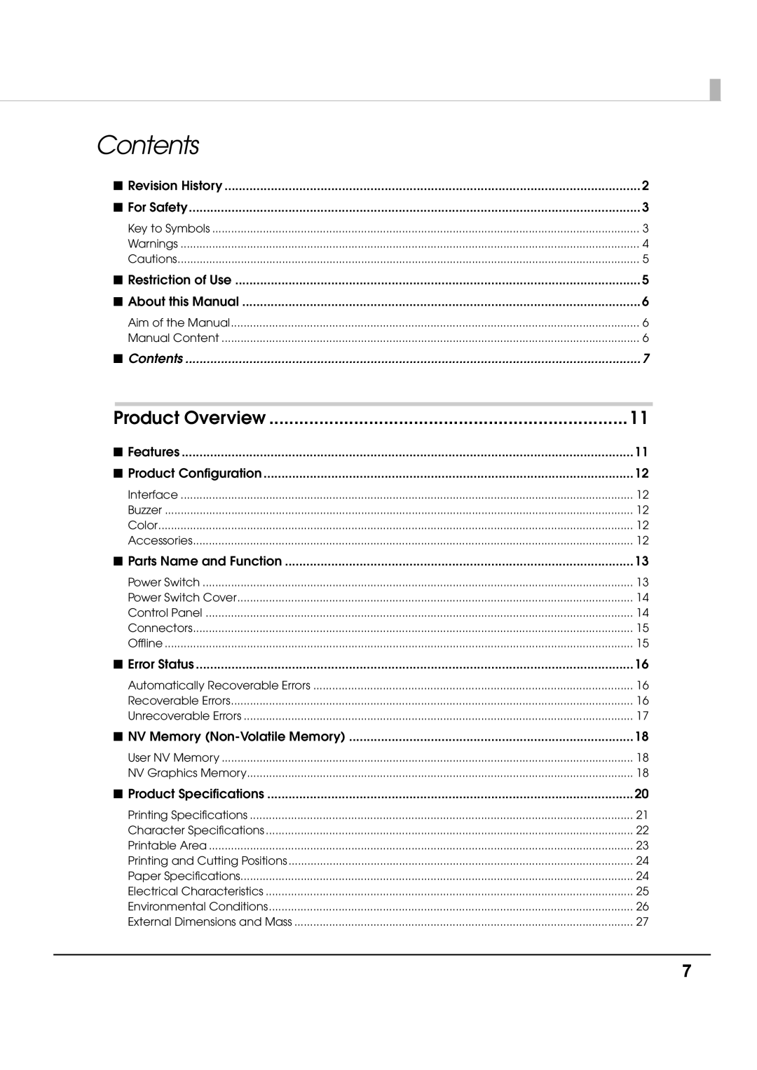 Epson T70 specifications Contents 