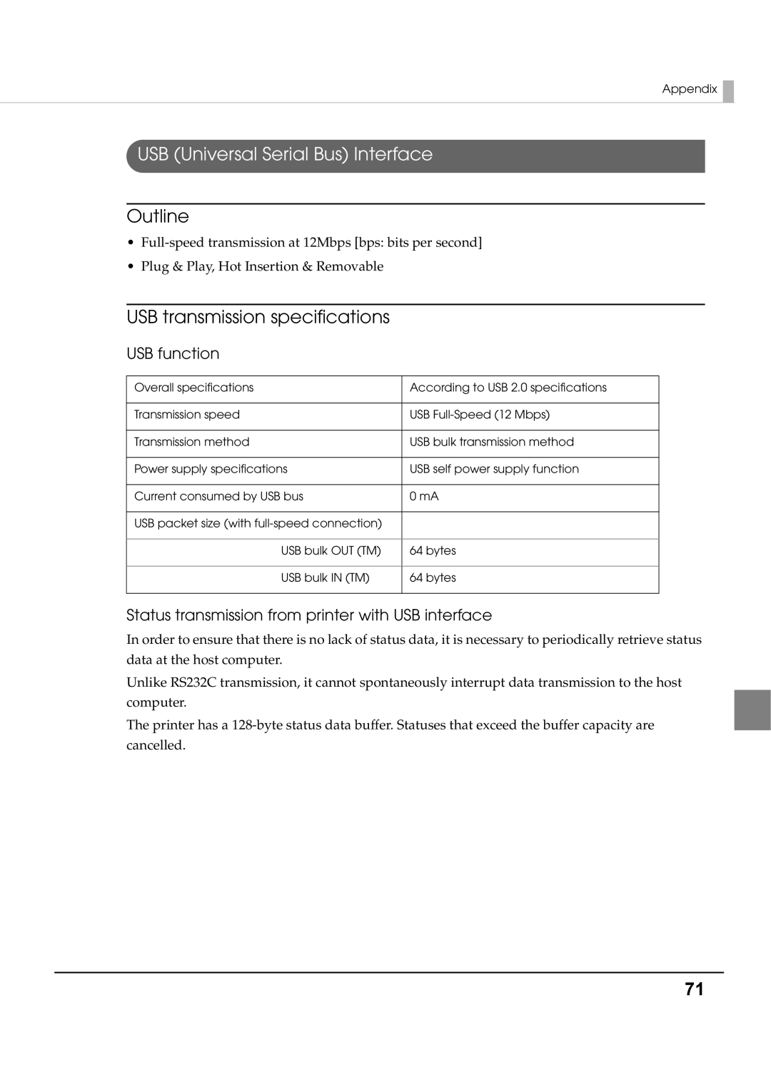 Epson T70 USB Universal Serial Bus Interface, Outline, USB transmission specifications, USB function 