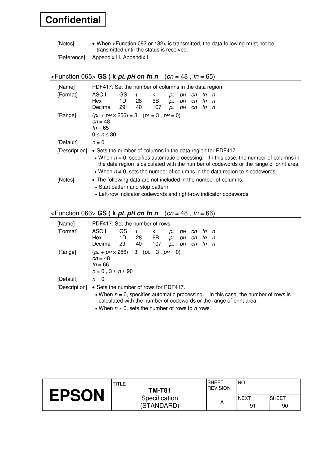 Epson T81 specifications Function 065 GS k p L p H cn fn n Cn = 48 , fn =, Function 066 GS k p L p H cn fn n Cn = 48 , fn = 