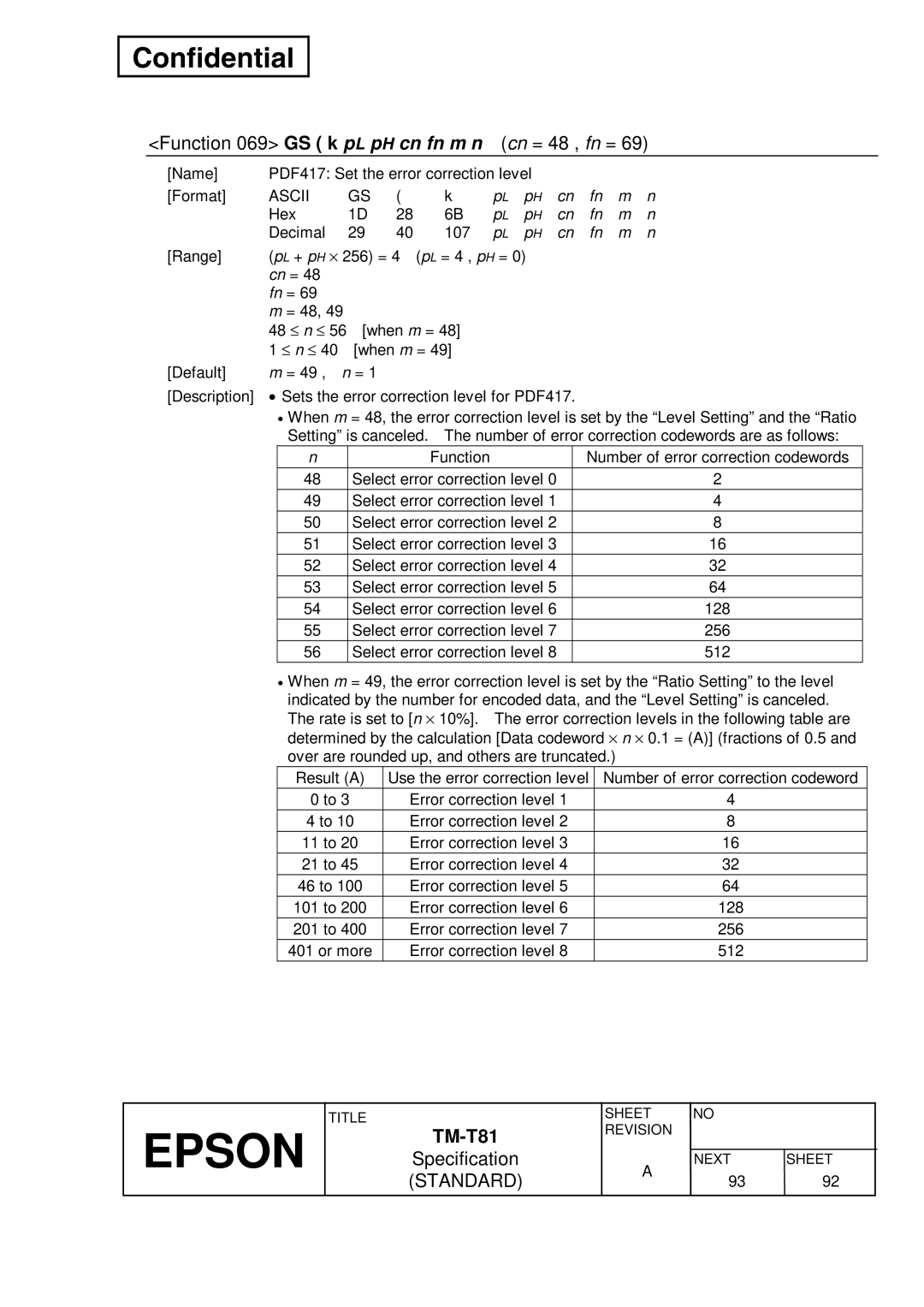 Epson T81 specifications Function 069 GS k p L p H cn fn m n Cn = 48 , fn = 