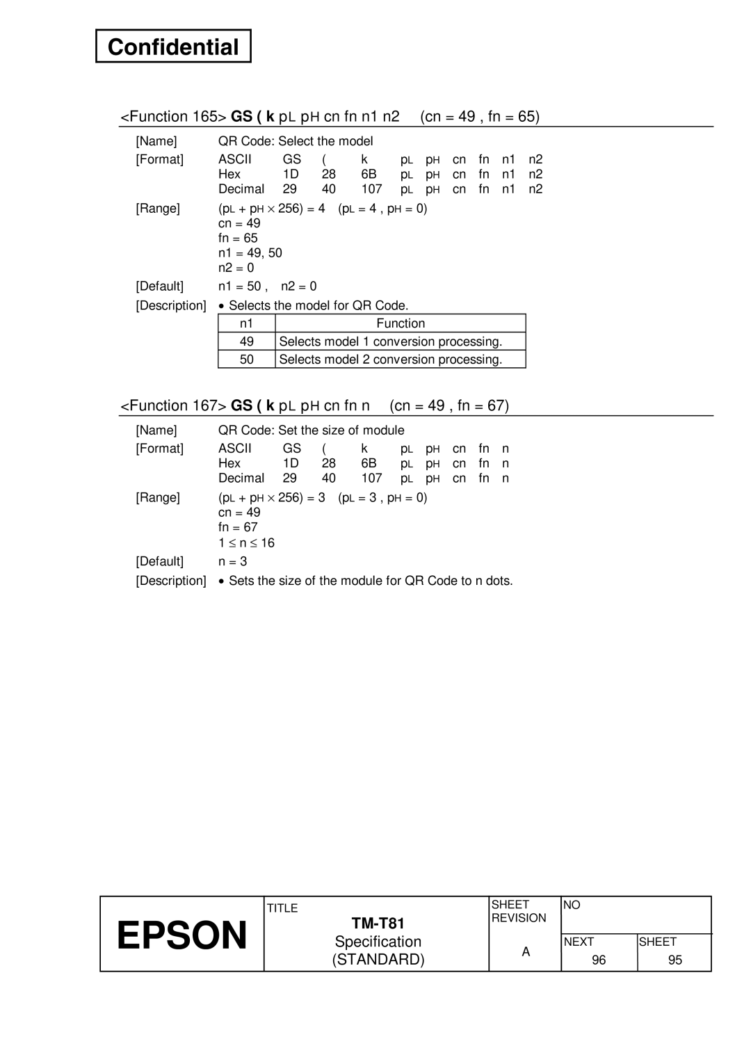 Epson T81 Function 165 GS k p L p H cn fn n1 n2 Cn = 49 , fn =, Function 167 GS k p L p H cn fn n Cn = 49 , fn =, N2 = 