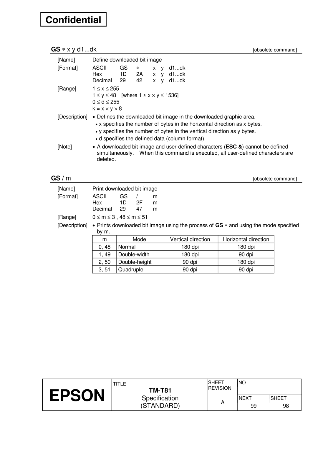 Epson T81 specifications GS ∗ x y d1...dk, GS / m, = x ⋅ y ⋅ 