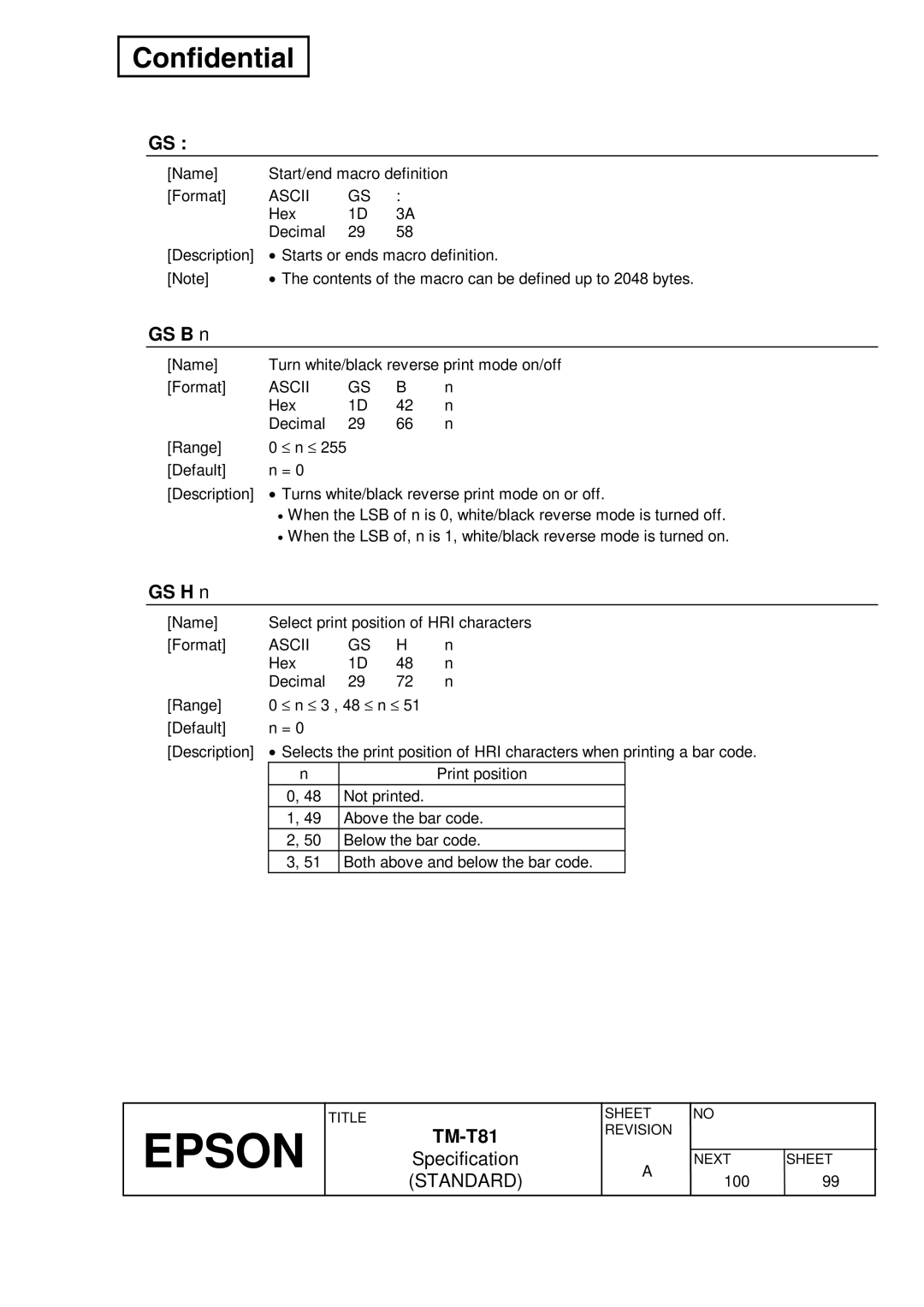 Epson T81 specifications GS B n, GS H n 