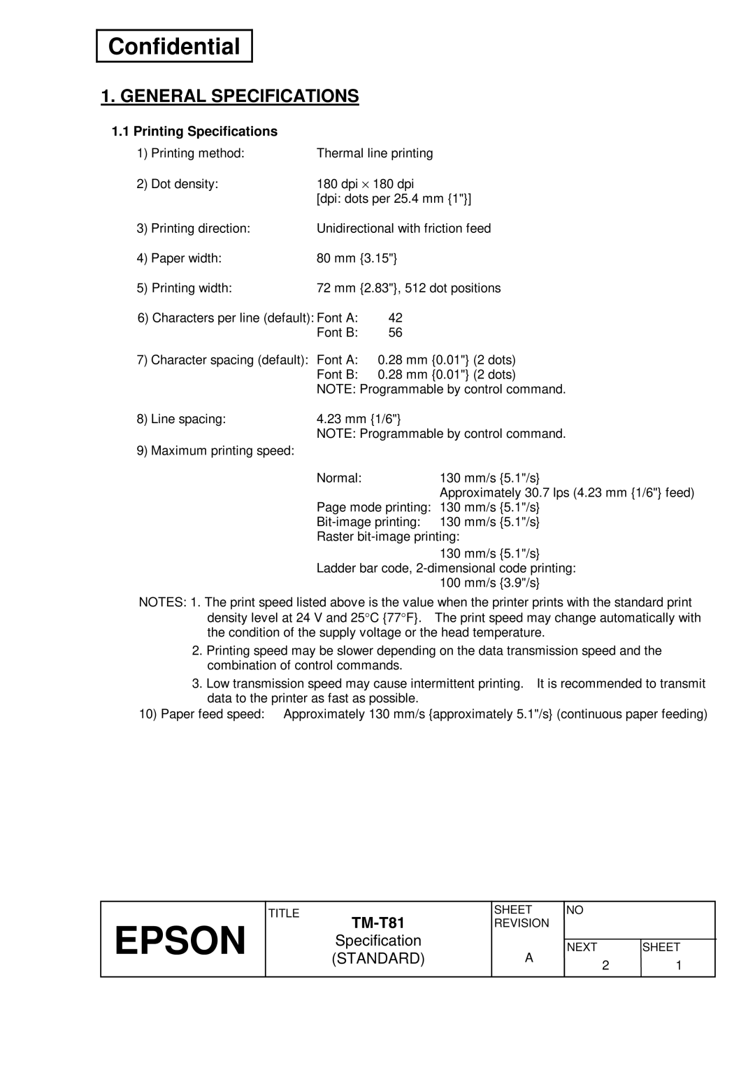 Epson T81 specifications General Specifications, Printing Specifications 