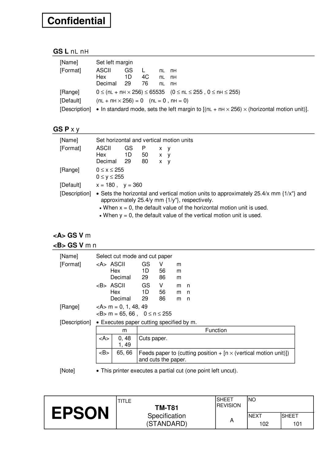 Epson T81 specifications GS L nL nH, GS P x y, GS V m B GS V m n 