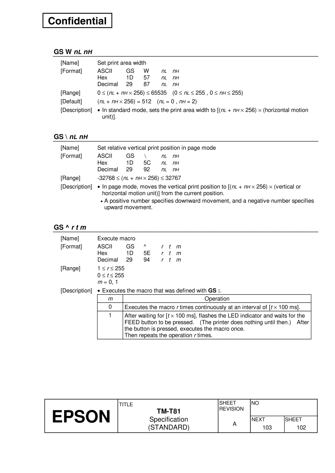 Epson T81 specifications GS W nL nH, GS \ nL nH, GS r t m 