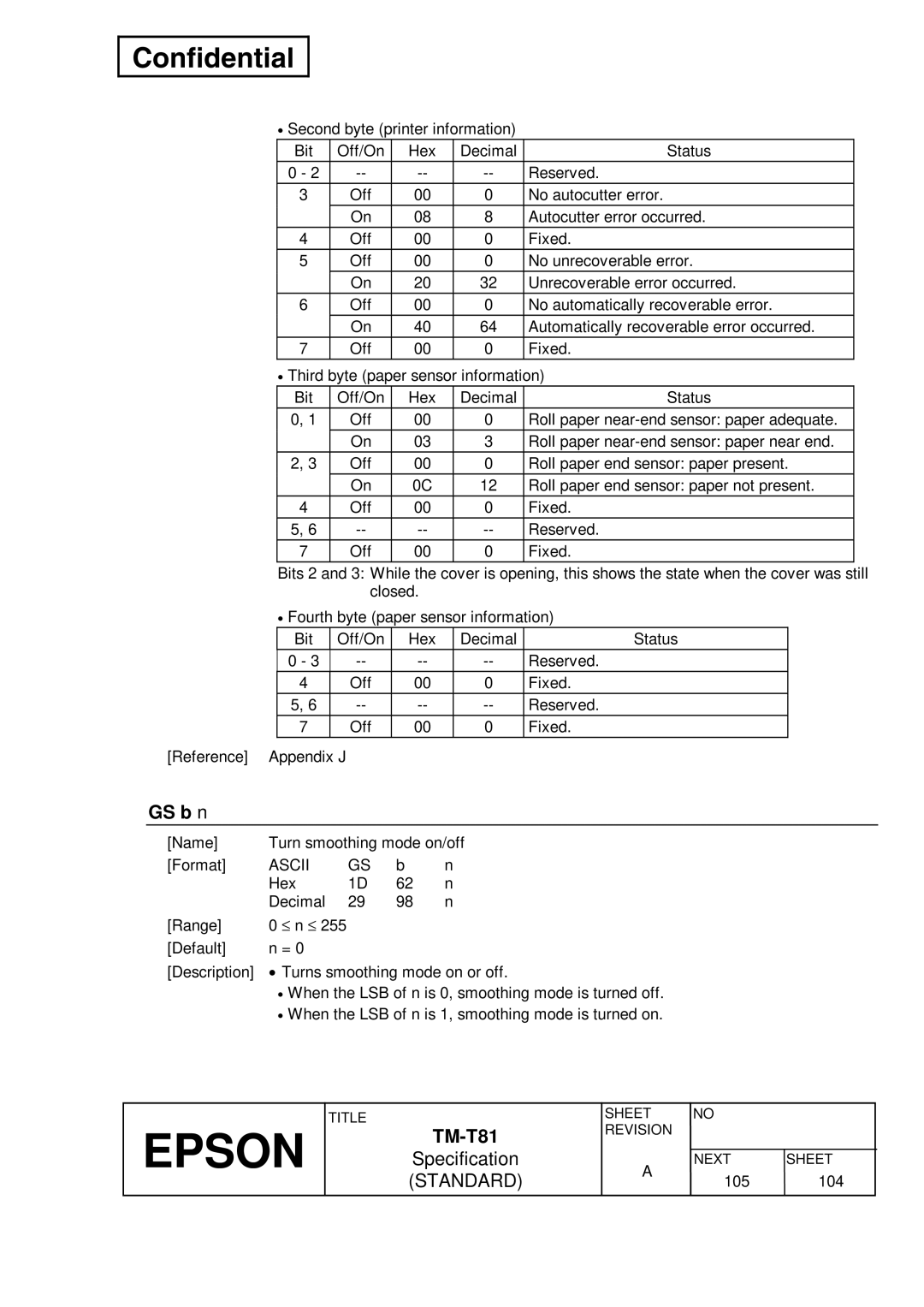 Epson T81 specifications Name Turn smoothing mode on/off Format 