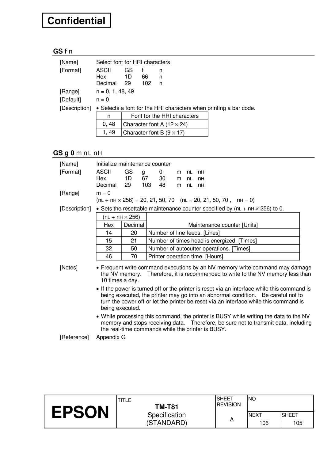 Epson T81 specifications GS f n, GS g 0 m nL nH, L n H 