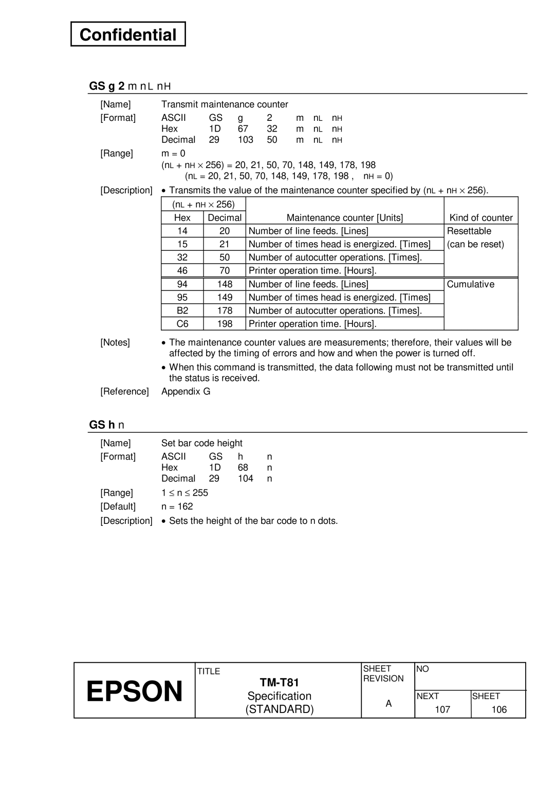 Epson T81 specifications GS g 2 m nL nH, GS h n 