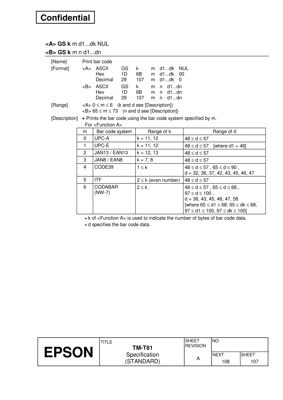 Epson T81 specifications GS k m d1...dk NUL GS k m n d1...dn, D1...dn 