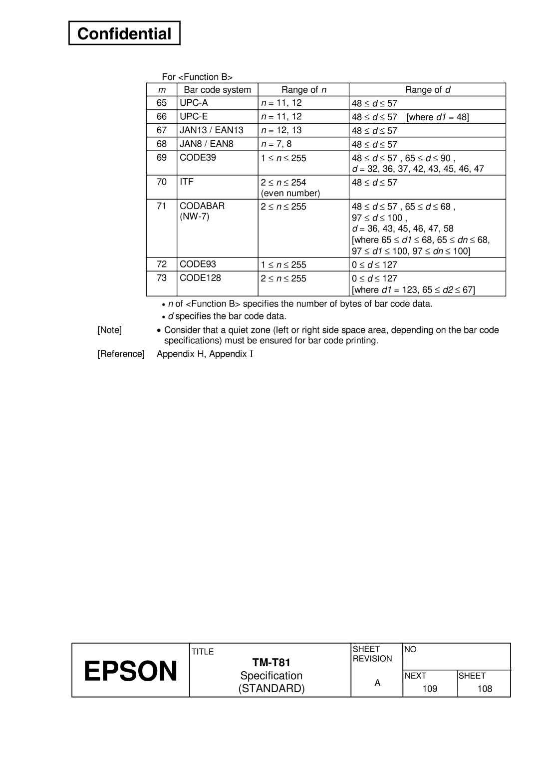 Epson T81 Bar code system Range of n Range of d, = 11 ≤ d ≤ 57 where d1 = JAN13 / EAN13 = 12, = 7, ≤ n ≤, Even number 