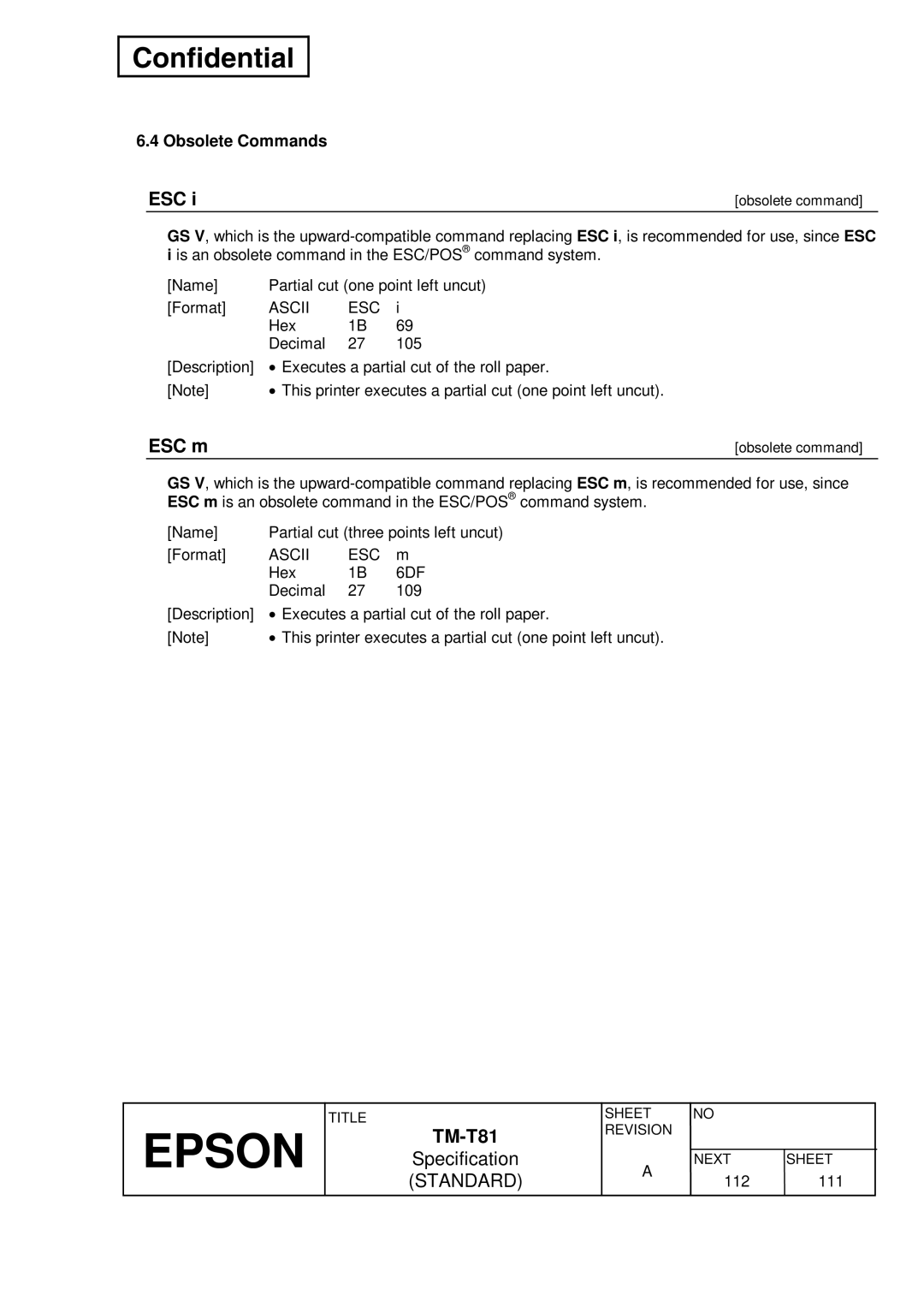 Epson T81 specifications Esc, ESC m, Obsolete Commands, 6DF 