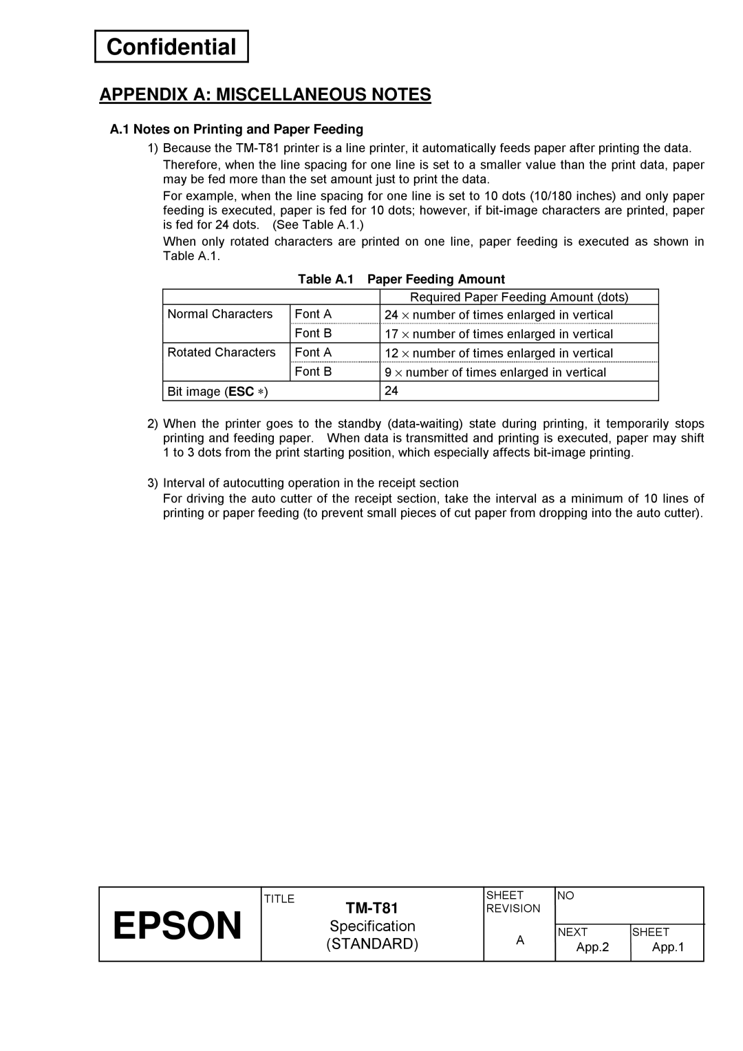 Epson T81 specifications Appendix a Miscellaneous Notes, Table A.1 Paper Feeding Amount 