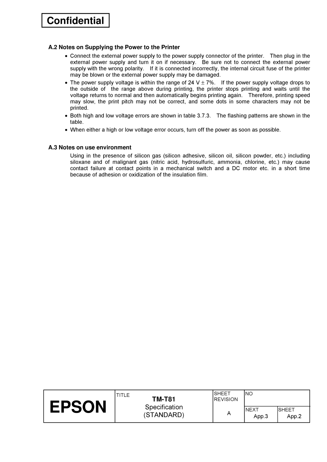 Epson T81 specifications App.3 App.2 