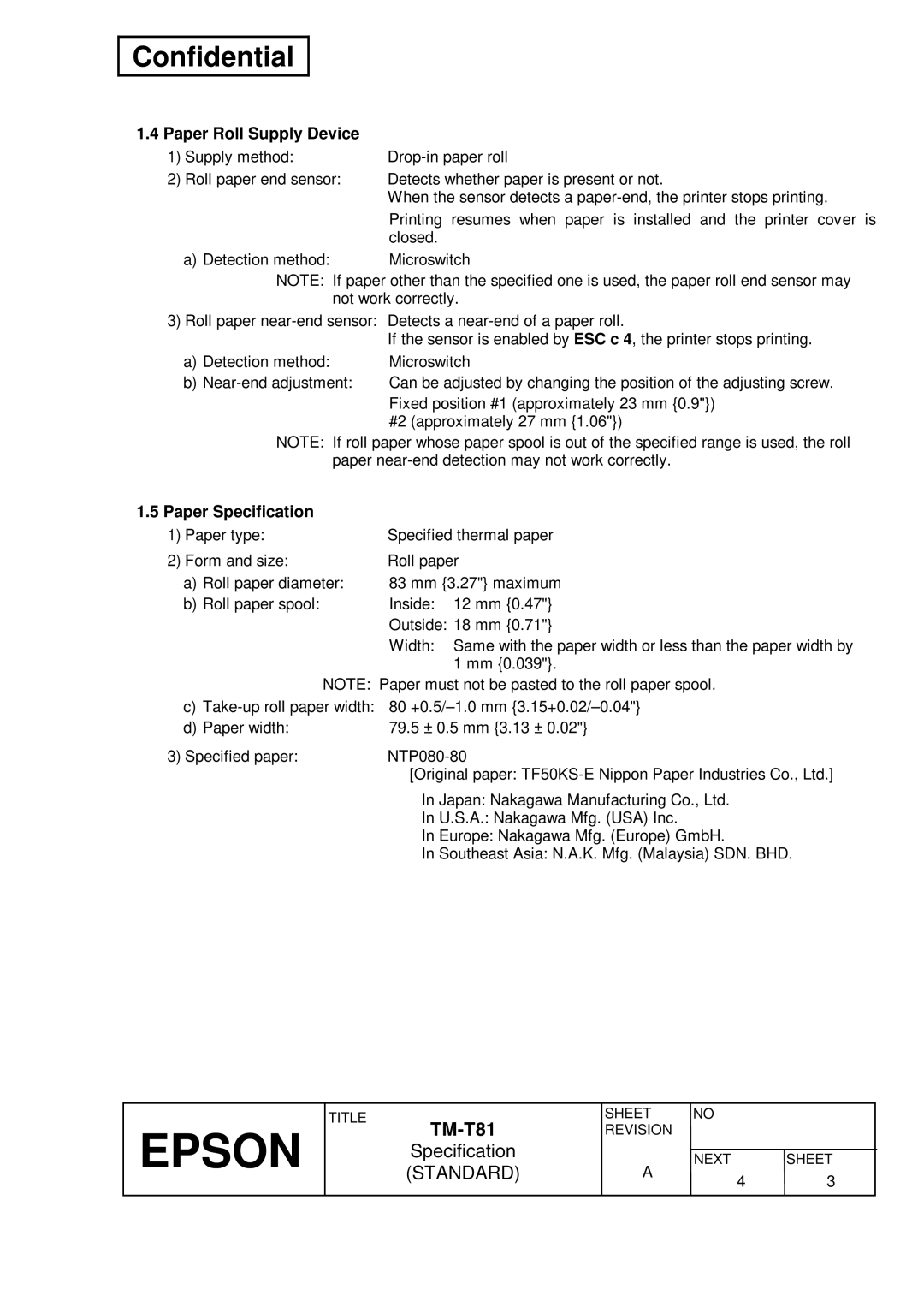 Epson T81 specifications Paper Roll Supply Device, Paper Specification 