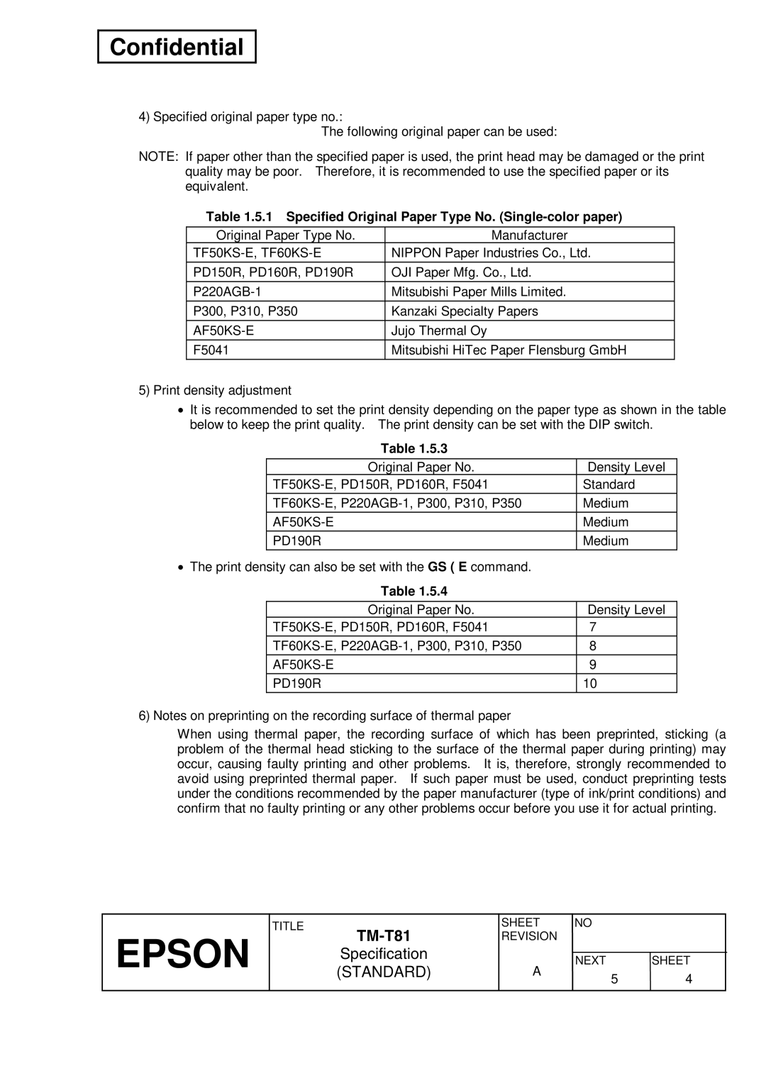 Epson T81 specifications Specified Original Paper Type No. Single-color paper, AF50KS-E 