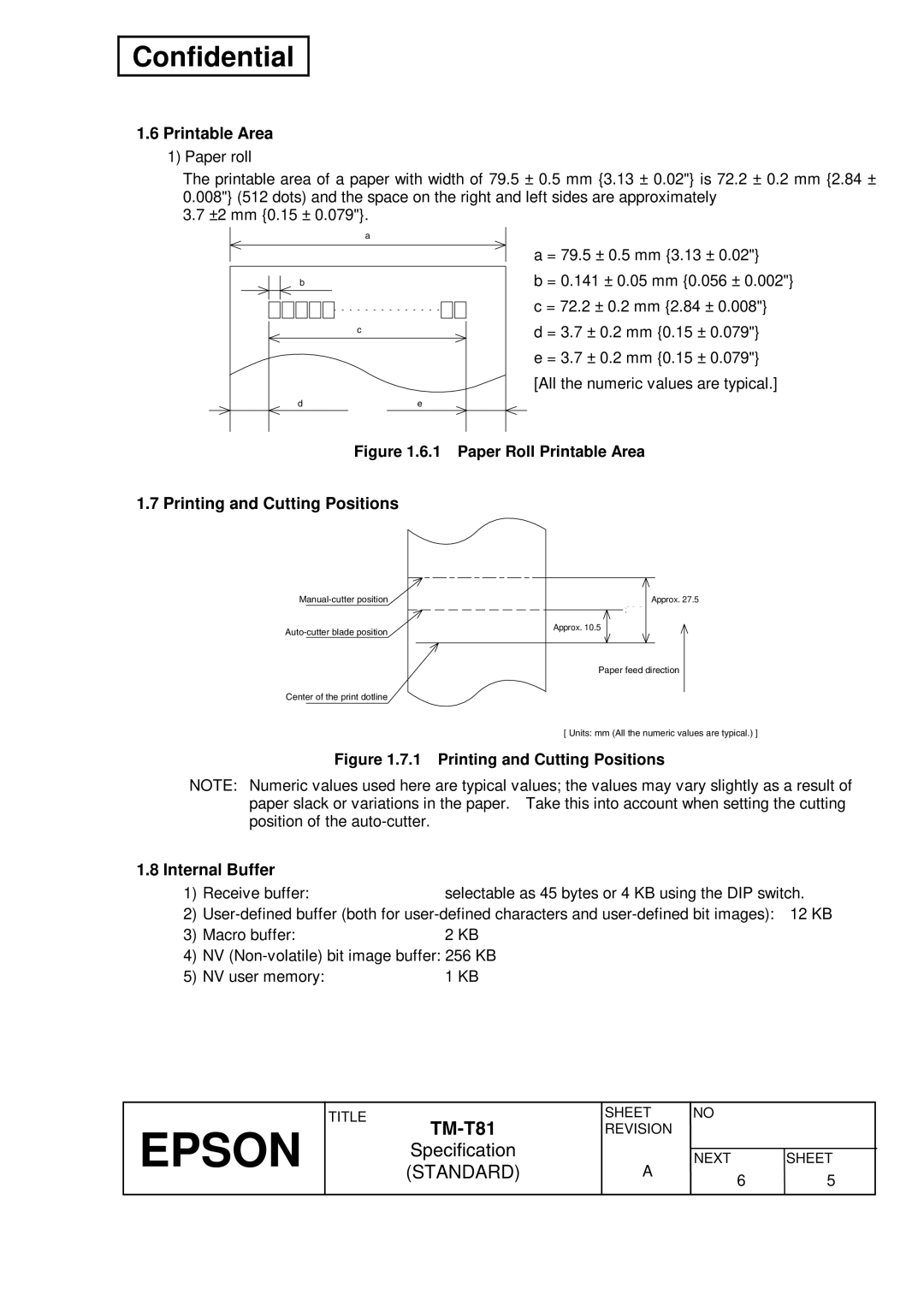 Epson T81 specifications Printable Area, Printing and Cutting Positions, Internal Buffer 