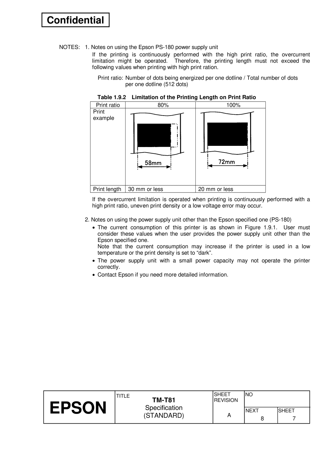 Epson T81 specifications Limitation of the Printing Length on Print Ratio 