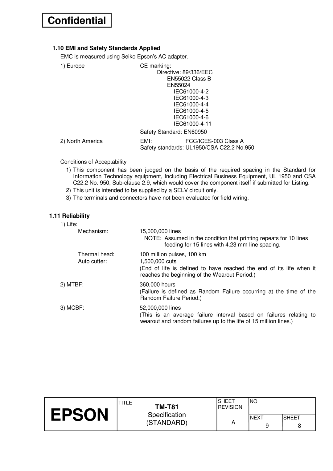 Epson T81 specifications EMI and Safety Standards Applied, Reliability, Emi 