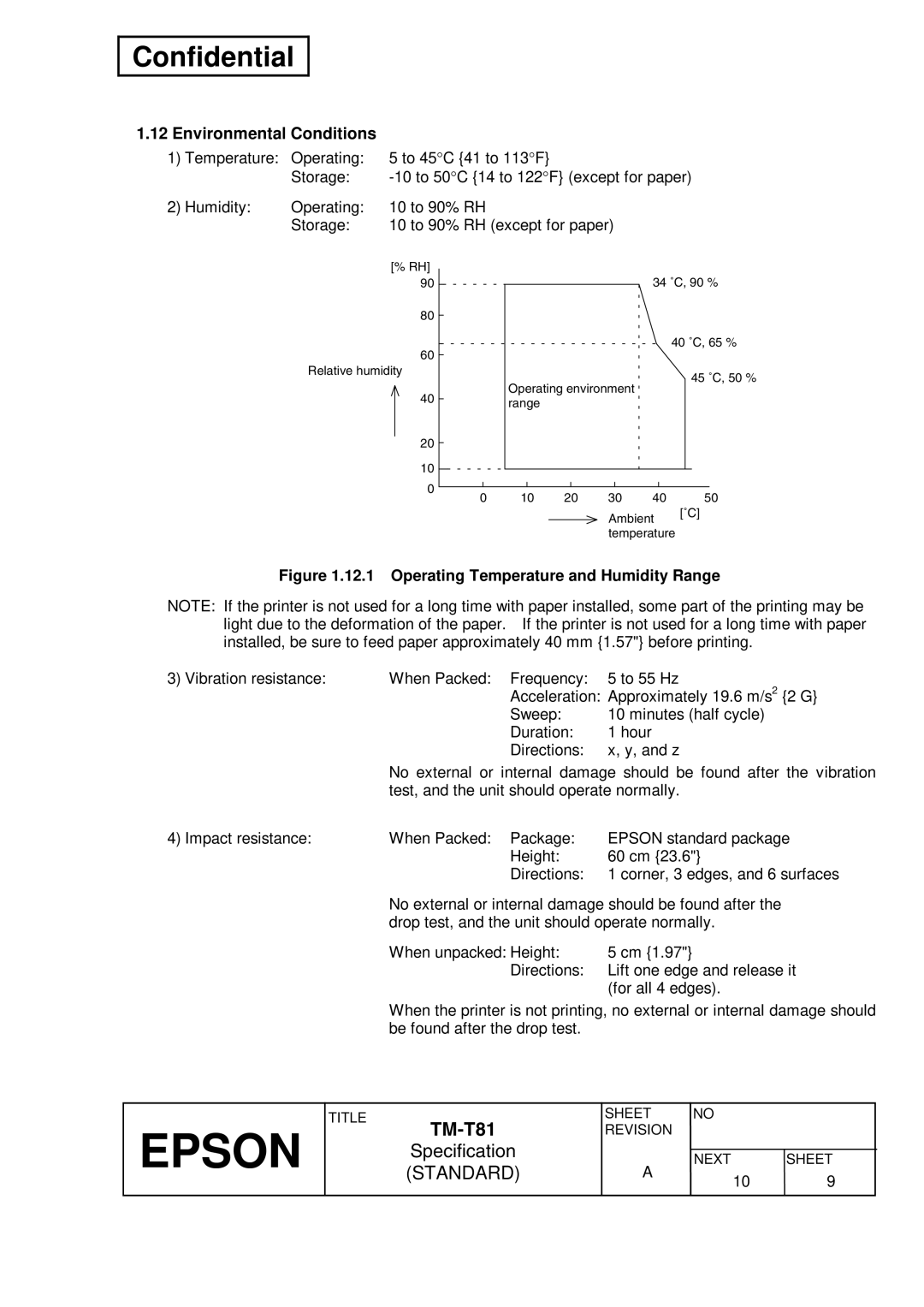 Epson T81 specifications Environmental Conditions, Operating Temperature and Humidity Range 