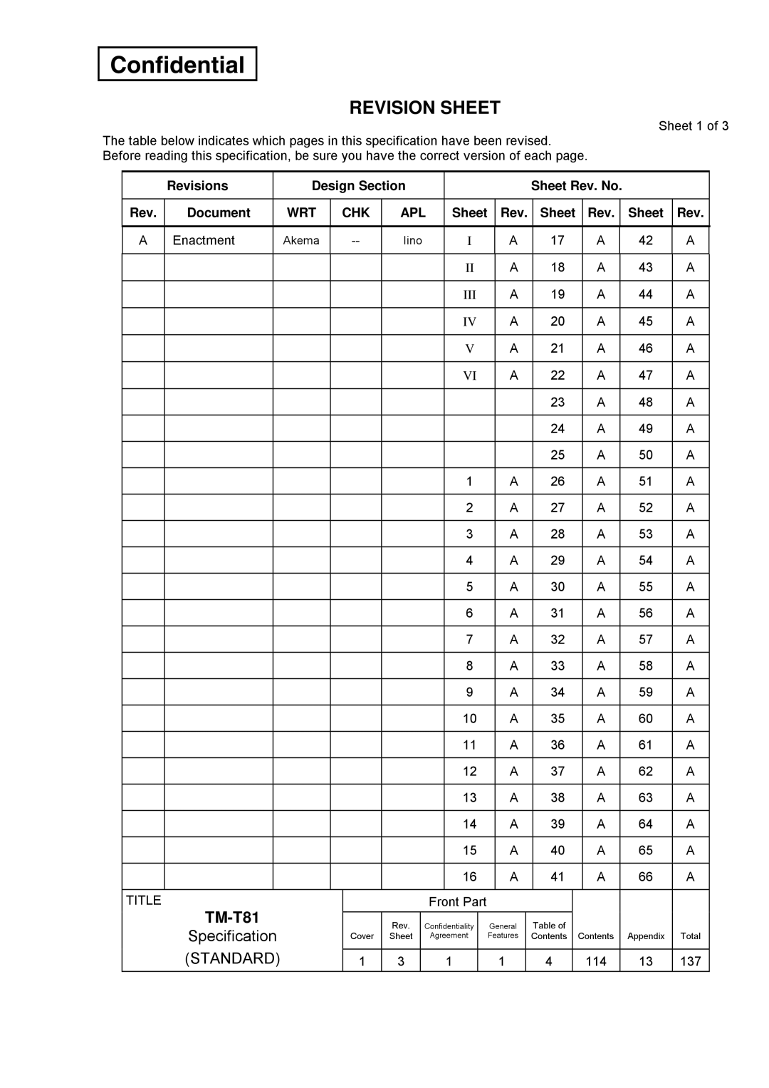 Epson specifications Revision Sheet, TM-T81, Specification, Revisions Design Section Sheet Rev. No Document, Rev Sheet 