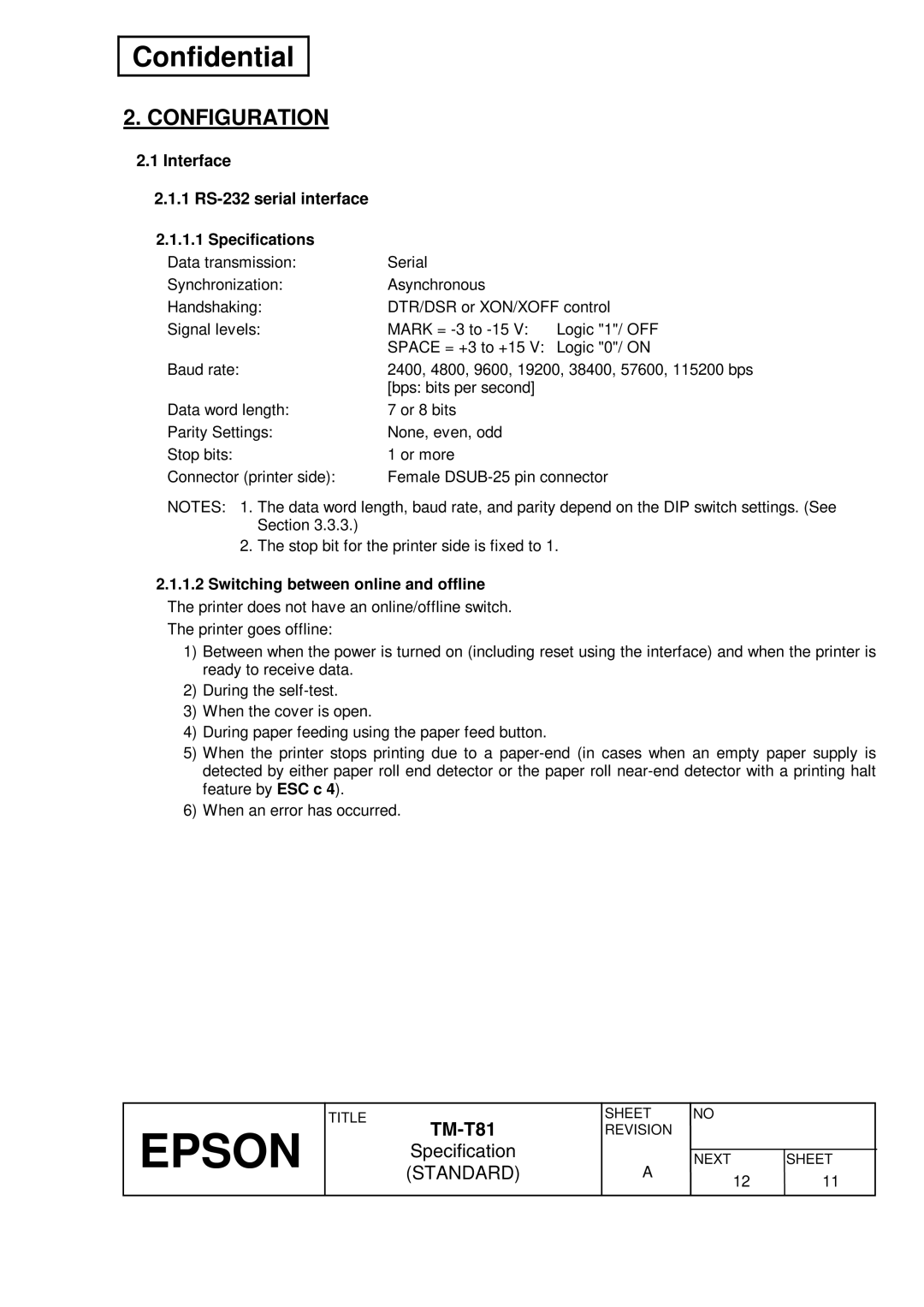 Epson T81 Configuration, Interface 1 RS-232 serial interface, Specifications, Switching between online and offline 