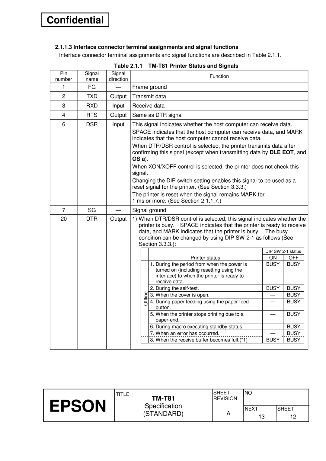 Epson specifications TM-T81 Printer Status and Signals, GS a 