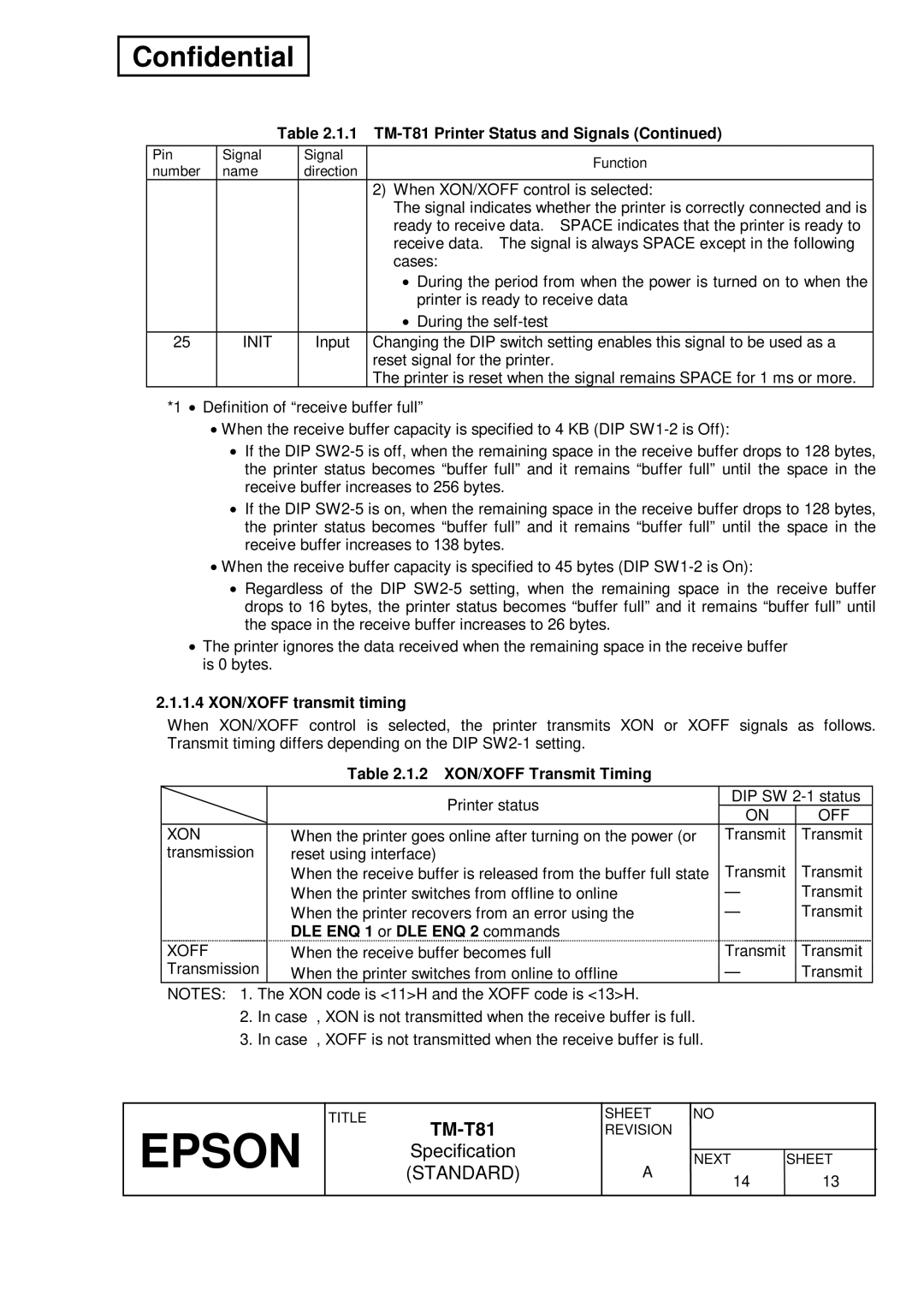 Epson specifications TM-T81 Printer Status and Signals, 1.4 XON/XOFF transmit timing, 2 XON/XOFF Transmit Timing 