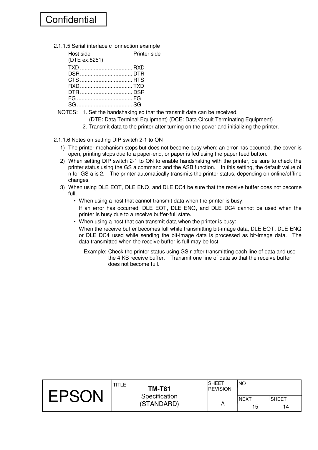 Epson T81 specifications Serial interface connection example, Txd Rxd Dsr Dtr 