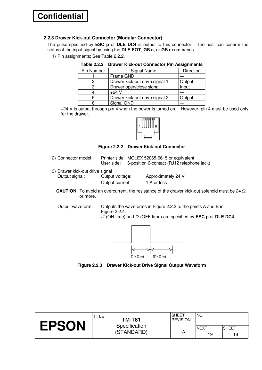 Epson T81 specifications Drawer Kick-out Connector Modular Connector, Drawer Kick-out Connector Pin Assignments 