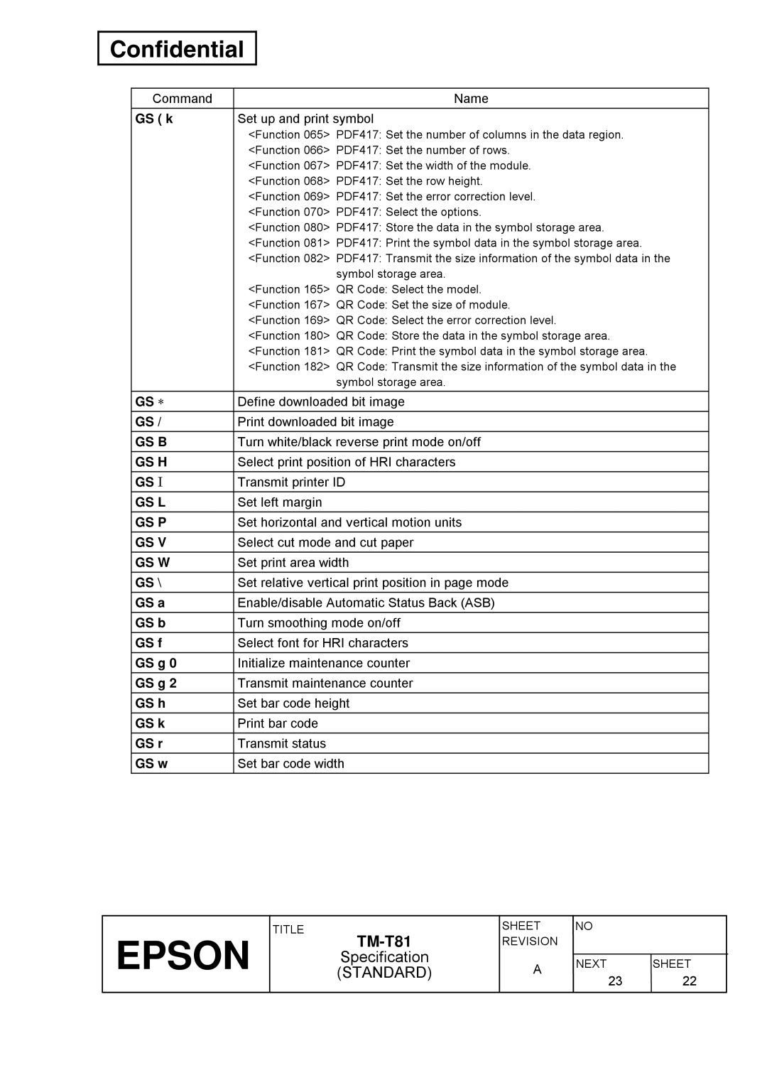 Epson T81 specifications GS k GS ∗, GS \ GS a GS b GS f GS g GS h GS k GS r GS w 