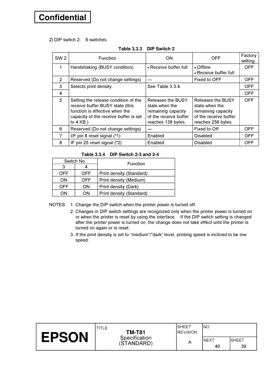 Epson T81 specifications DIP Switch 2-3 