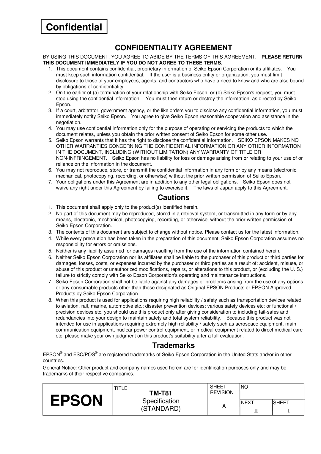 Epson T81 specifications Confidentiality Agreement, Epson Specification Standard 