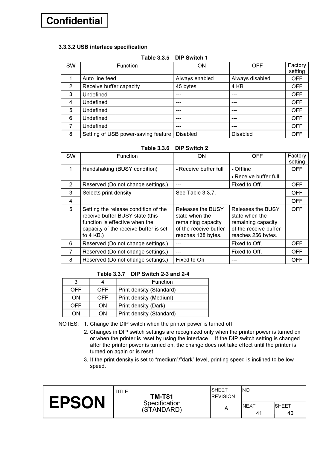 Epson T81 specifications USB interface specification DIP Switch, DIP Switch 2-3 