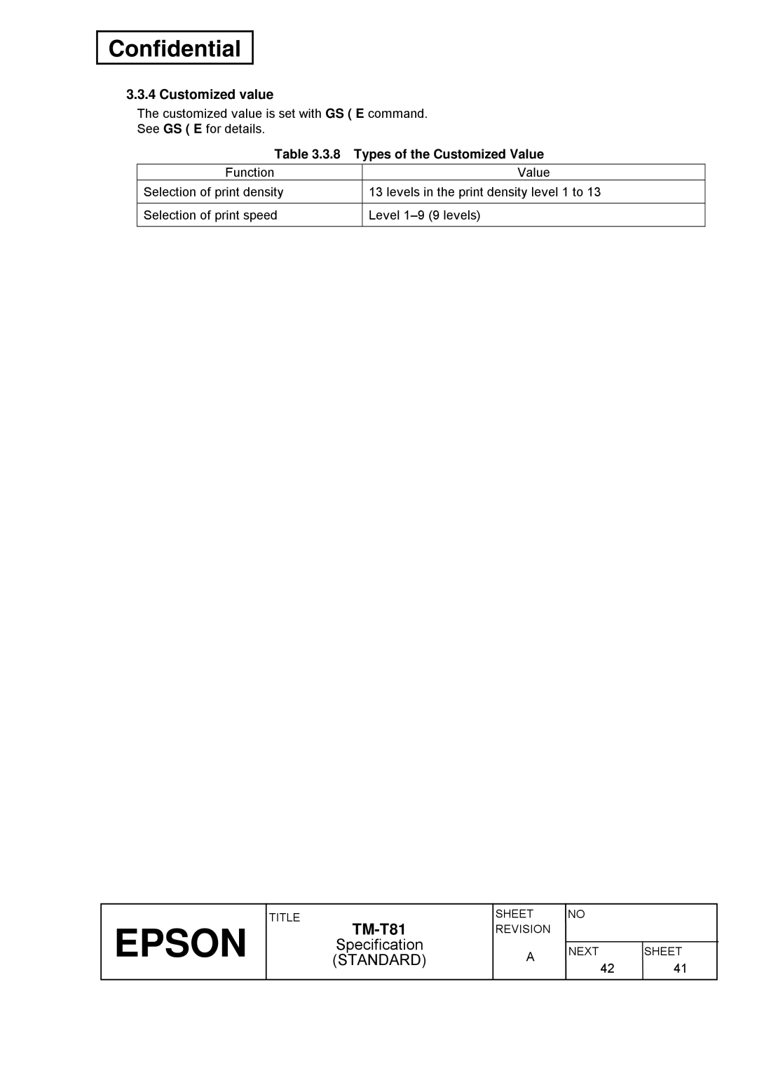 Epson T81 specifications Customized value, Types of the Customized Value 