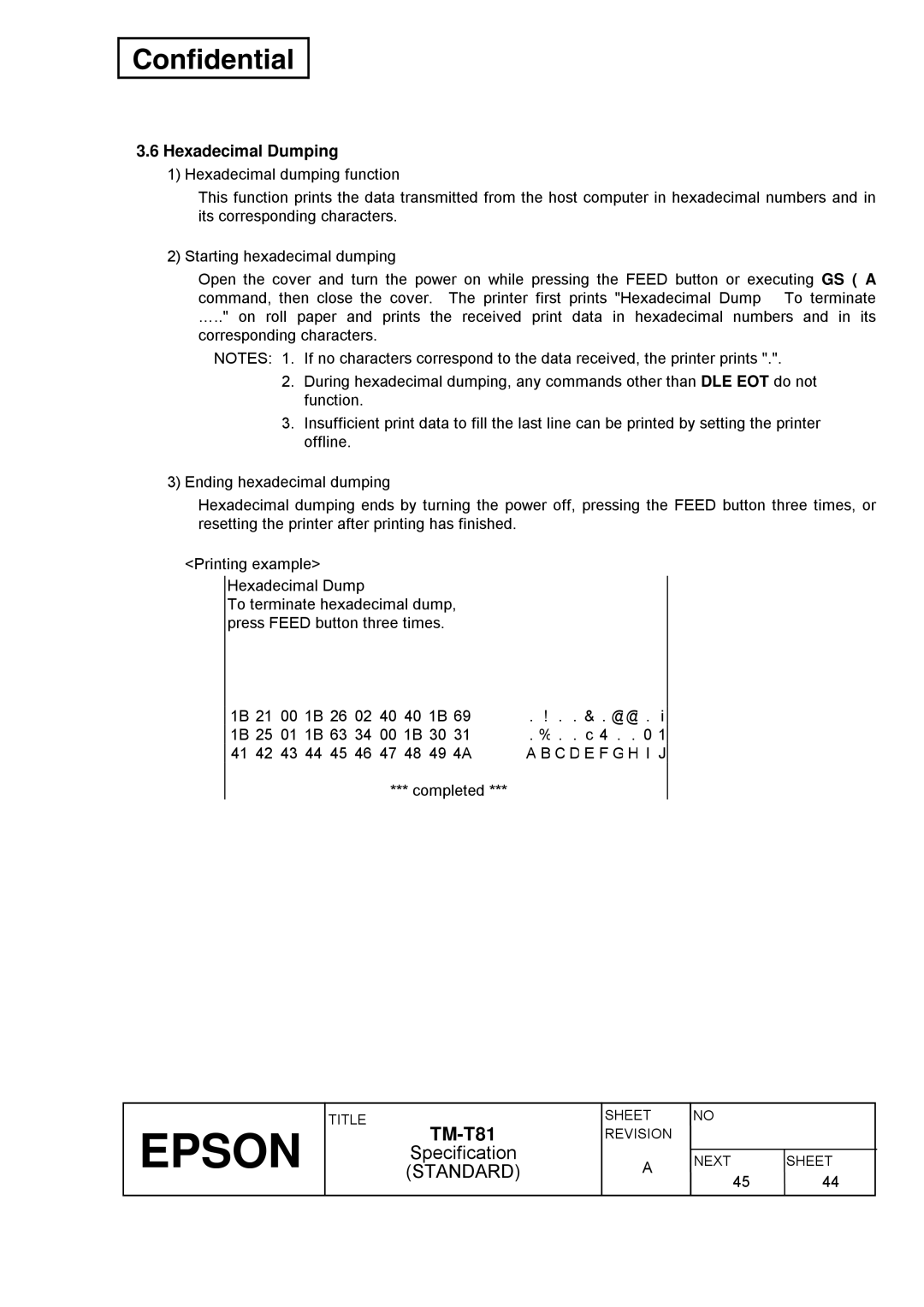 Epson T81 specifications Hexadecimal Dumping, C D E F G H I J 