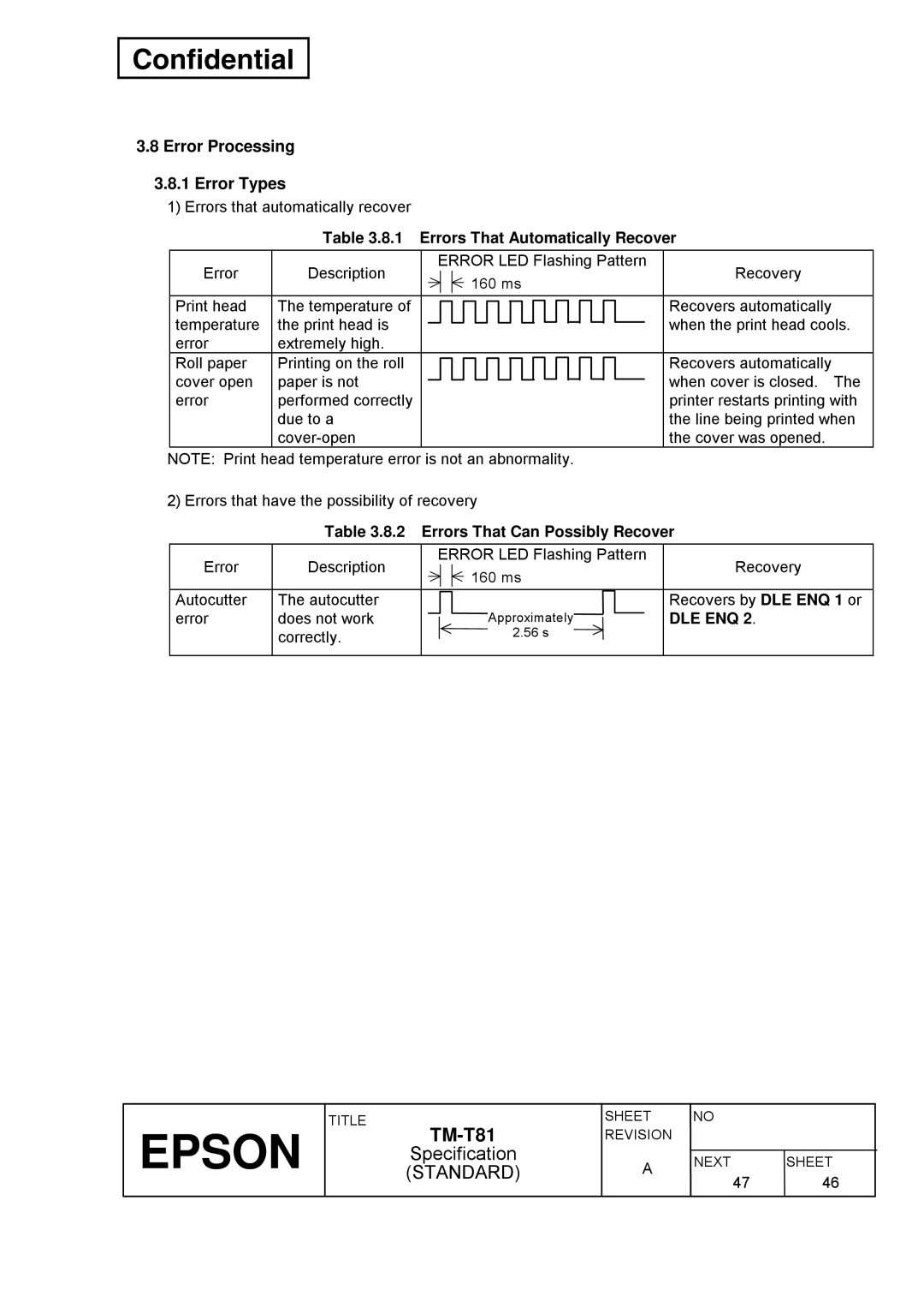 Epson T81 specifications Error Processing Error Types, Errors That Automatically Recover, Errors That Can Possibly Recover 