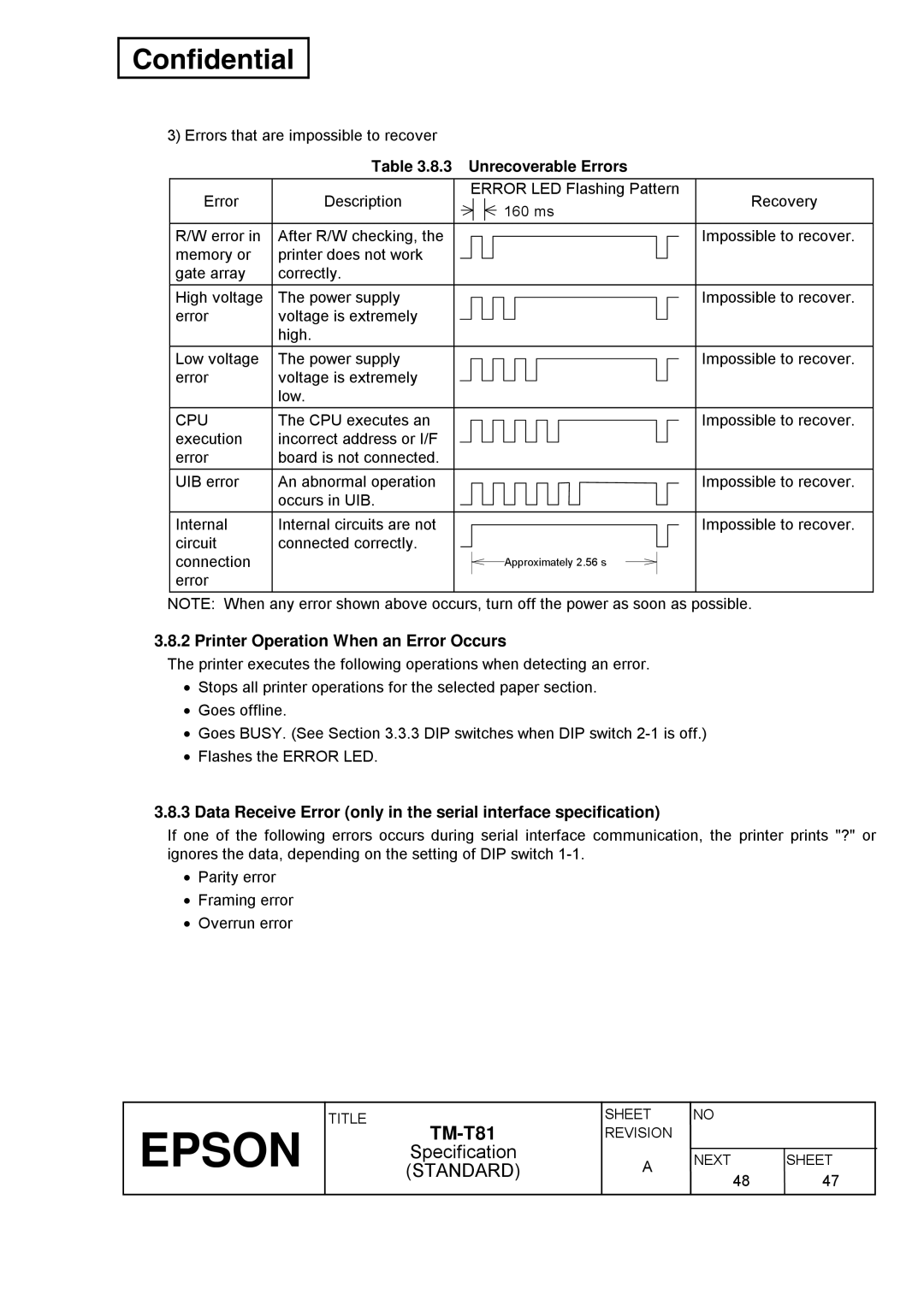 Epson T81 specifications Printer Operation When an Error Occurs, Unrecoverable Errors, Cpu 