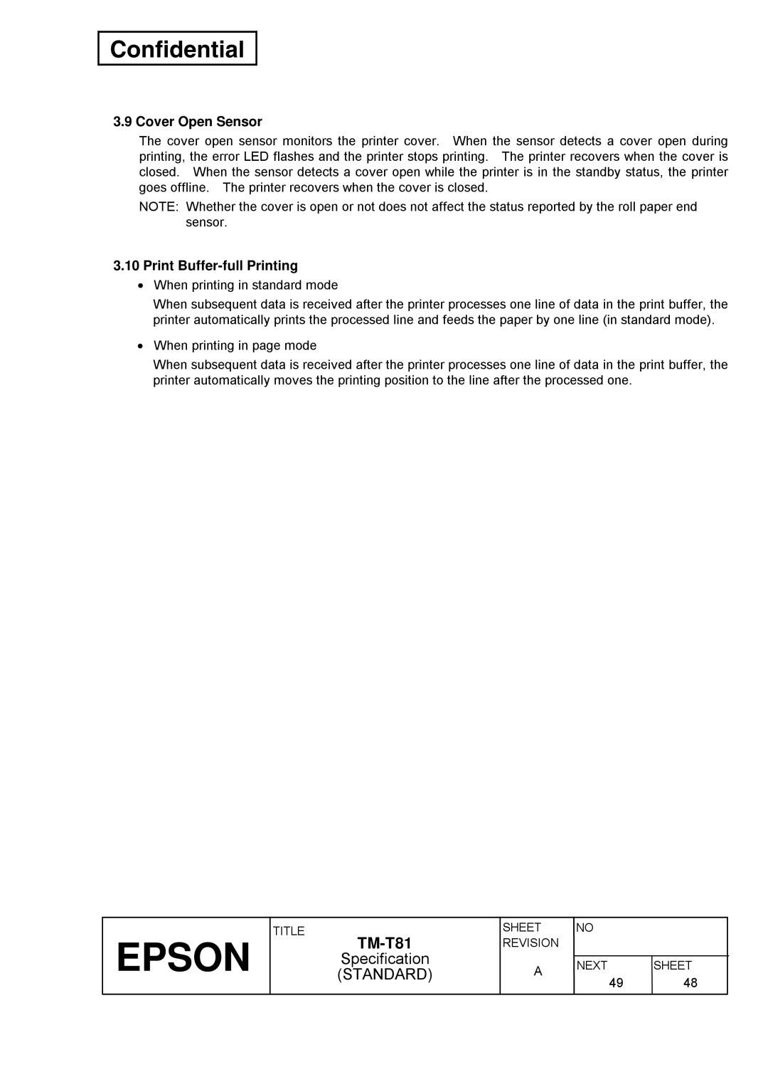 Epson T81 specifications Cover Open Sensor, Print Buffer-full Printing 