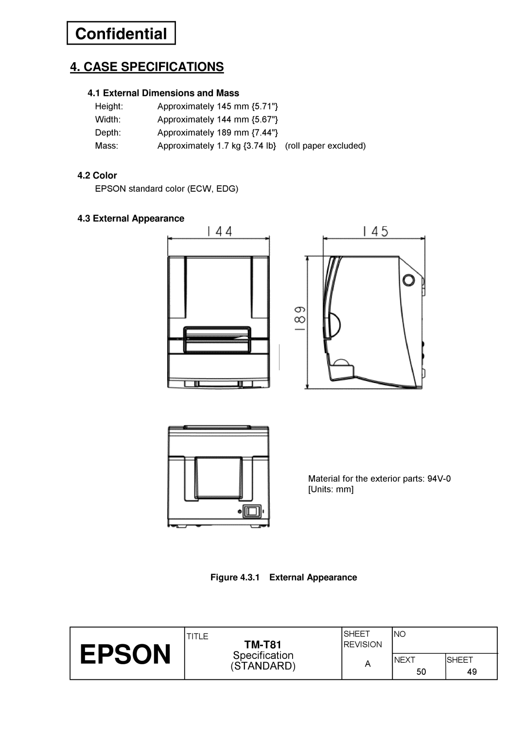 Epson T81 specifications Case Specifications, External Dimensions and Mass, Color, External Appearance 