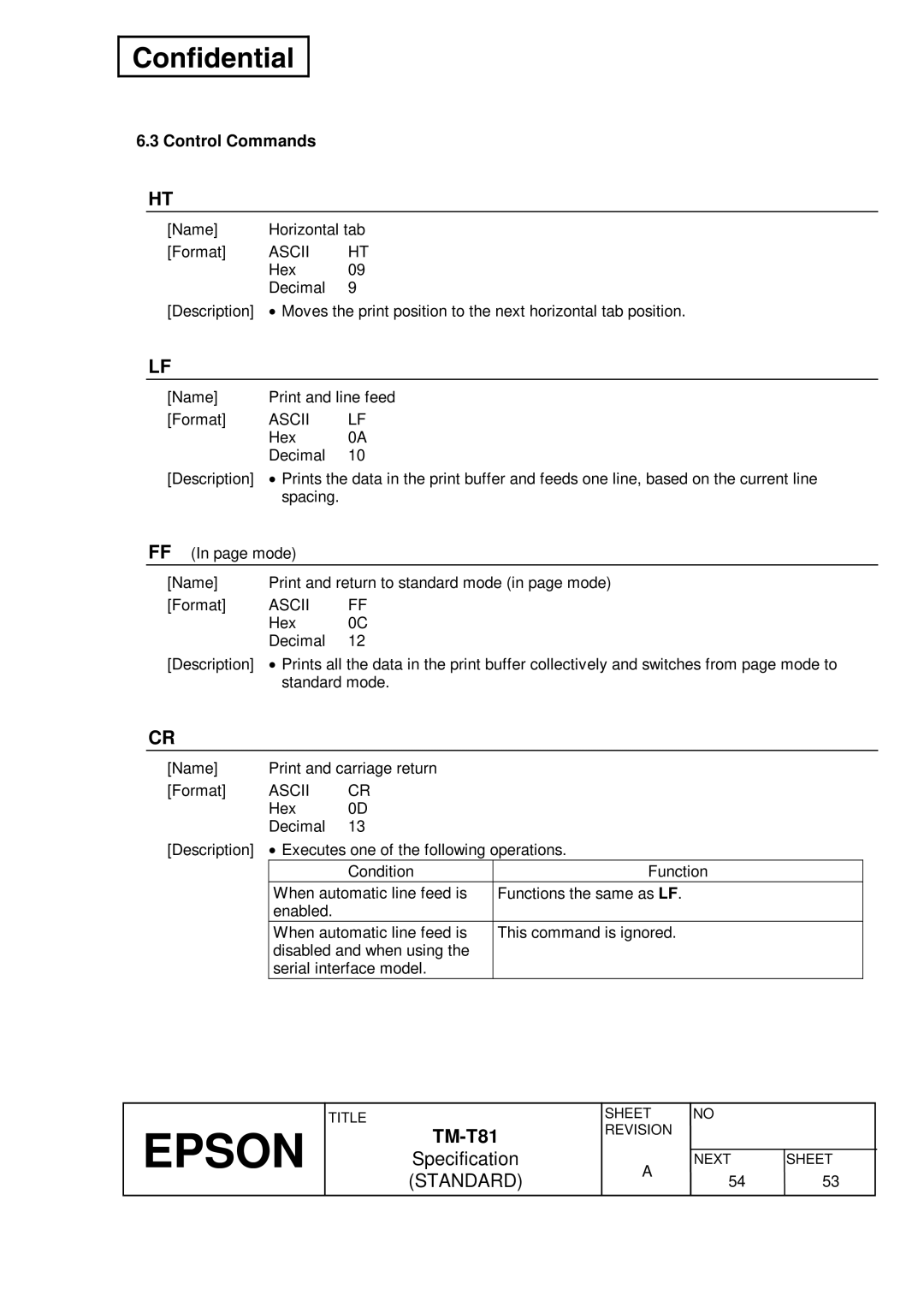 Epson T81 specifications Control Commands, Ascii 