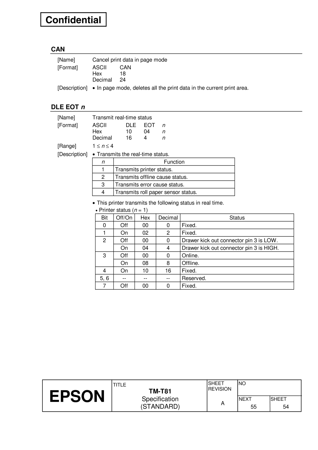 Epson T81 specifications DLE EOT n, Ascii Can, Ascii DLE EOT 