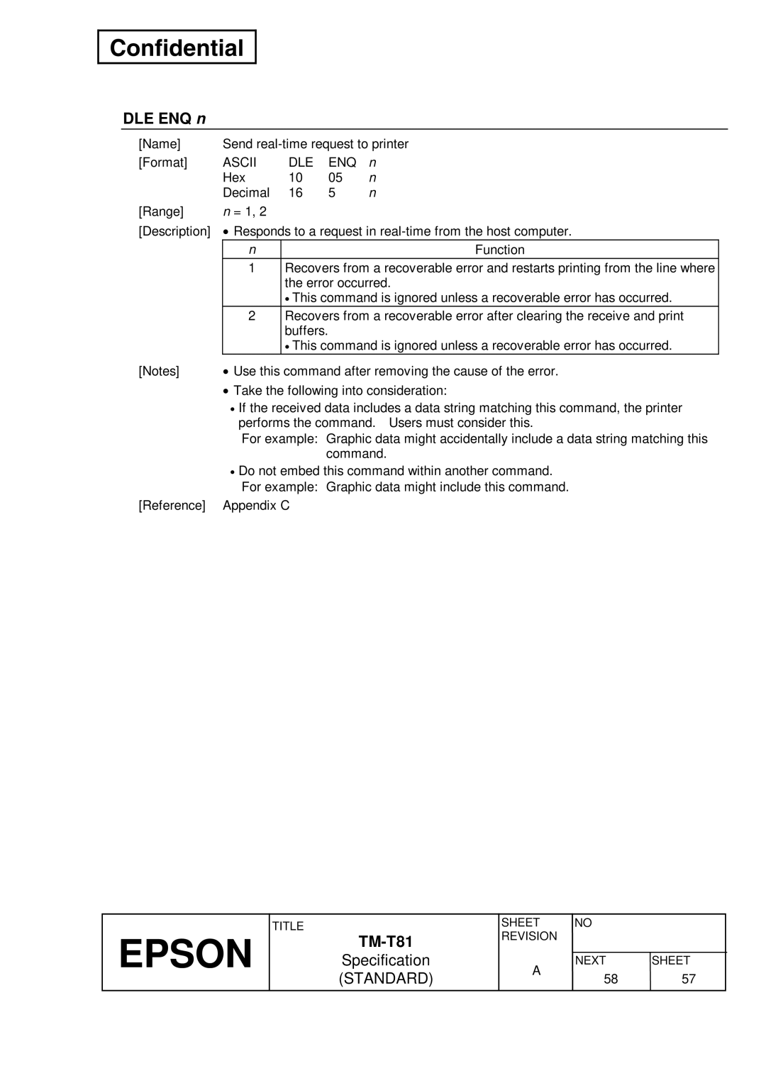 Epson T81 specifications DLE ENQ n, Ascii DLE ENQ 