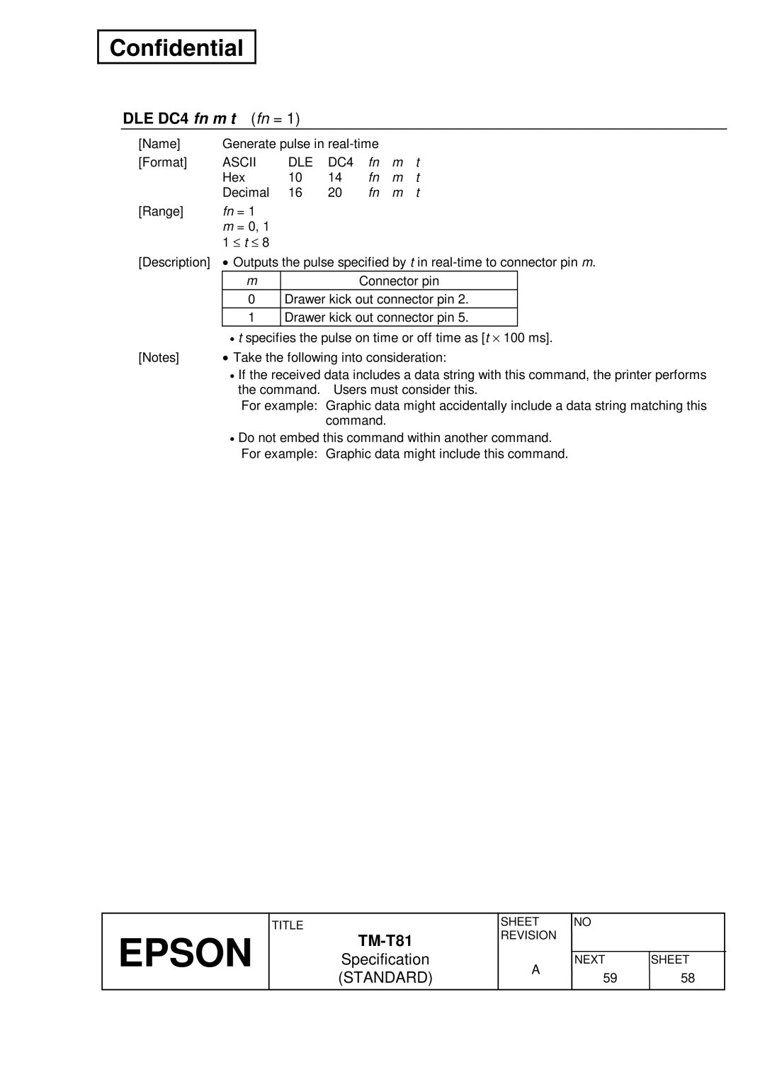 Epson T81 specifications DLE DC4 fn m t fn =, Ascii DLE DC4, Fn = 