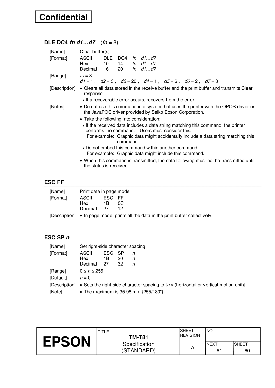 Epson T81 specifications DLE DC4 fn d1…d7, Fn =, ESC SP n, D1…d7, Ascii ESC 